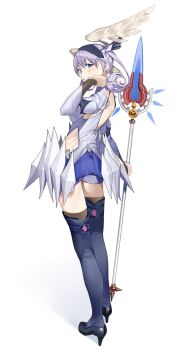 1girl backless_dress backless_outfit blue_eyes boots clothing_cutout curly_hair detached_sleeves dress feathered_wings from_behind full_body grey_hair grin hand_on_own_neck head_wings high_heel_boots high_heels highres hip_vent holding holding_staff looking_back melia_antiqua saya_endo_(27) smile solo staff thigh_boots white_background wings xenoblade_chronicles:_future_connected xenoblade_chronicles_(series) xenoblade_chronicles_1