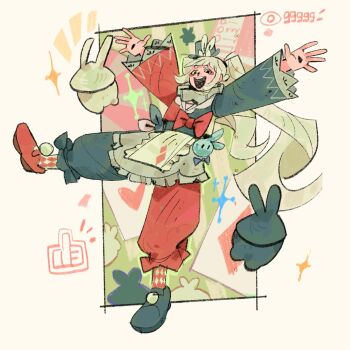 1girl black_hat card commentary dxnut00 english_commentary hat highres honkai:_star_rail honkai_(series) jester jester_costume long_sleeves mismatched_socks multicolored_pants multicolored_shirt open_mouth pants playing_card smile sparkle_(honkai:_star_rail) sparxie_(honkai:_star_rail) thumbs_up twintails white_hair