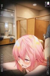 1boy 1girl against_wall animated bathroom battery_indicator black_hair black_shirt blush breasts casual closed_eyes unworn_clothes collarbone contemporary doggystyle fate/grand_order fate_(series) fujimaru_ritsuka_(male) hair_between_eyes hair_over_one_eye harutoshi hetero highres implied_sex mash_kyrielight medium_breasts open_mouth out-of-frame_censoring pantyhose pink_eyes pink_hair purple_eyes sex sex_from_behind shirt short_hair sidelocks smile sound standing standing_sex tagme video