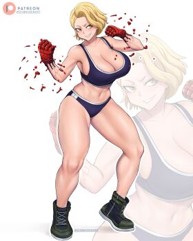 1girl absurdres blonde_hair boots breasts collarbone commentary commission curtained_hair dismaiden english_commentary full_body gloves grin hands_up highres huge_breasts looking_at_viewer navel patreon_logo patreon_username red_gloves sazanami_kuina smile sports_bra standing thick_thighs thighs tougen_anki twitter_username v-shaped_eyebrows yellow_eyes zoom_layer