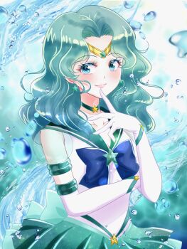 Rule 34 | 1girl, aqua background, aqua hair, aqua skirt, bishoujo senshi sailor moon, bishoujo senshi sailor moon crystal, bishoujo senshi sailor moon stars, blue eyes, brooch, choker, commentary request, earrings, elbow gloves, gloves, highres, jewelry, kaiou michiru, long hair, looking at viewer, magical girl, sailor collar, sailor neptune, sailor senshi uniform, see-through clothes, see-through sleeves, shiiba itsuki, short sleeves, skirt, solo, star (symbol), star brooch, star choker, super sailor neptune (stars), upper body, water, white gloves