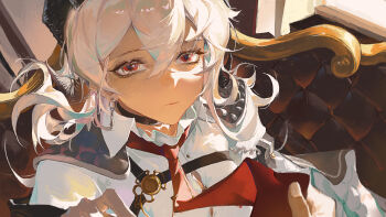 1girl 1other absurdres arm_pouch armband black_armband black_horns breasts button_gap chest_harness closed_mouth clothes_grab collared_shirt commentary curled_horns hair_between_eyes harness highres horns liudaohai6001 long_hair looking_at_viewer medium_breasts necktie necktie_grab neckwear_grab portrait pov pov_hands red_eyes red_necktie shirt solo_focus white_hair white_shirt wuthering_waves zani_(wuthering_waves)