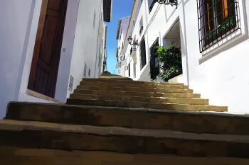 absurdres barred_window blue_sky building fern highres karasu_(hageabura-jr) no_humans original outdoors path road scenery sky stairs sunlight wall_lamp window