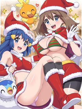 absurdres bikini bird blue_eyes blue_hair blush boots breasts brown_hair christmas dawn_(pokemon) fur-trimmed_headwear fur_trim gen_3_pokemon gen_4_pokemon gloves hair_ornament hairclip hat highres holding holding_sack long_hair looking_at_viewer may_(pokemon) merry_christmas multiple_girls nintendo open_mouth piplup pokemoa pokemon pokemon_(creature) pokemon_bdsp pokemon_dppt pokemon_emerald pokemon_oras pokemon_platinum pokemon_rse sack santa_bikini santa_costume santa_hat shirt shorts skirt sleeveless smile starter_pokemon_trio swimsuit torchic