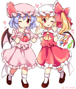 2girls ;) ;p ascot bat_wings black_shoes blonde_hair blue_hair bow closed_mouth collared_shirt commentary_request flandre_scarlet frilled_shirt_collar frills full_body hair_bow hand_on_own_chin hat heart highres holding_hands long_hair looking_at_viewer mob_cap multiple_girls one_eye_closed pink_hat pink_shirt pink_skirt ramudia_(lamyun) red_ascot red_bow red_eyes red_ribbon red_skirt red_vest remilia_scarlet ribbon ribbon-trimmed_skirt ribbon_trim shirt shoes short_hair siblings simple_background sisters skirt smile socks standing stroking_own_chin tongue tongue_out touhou vest white_background white_ribbon white_shirt white_socks wings wrist_cuffs yellow_ascot