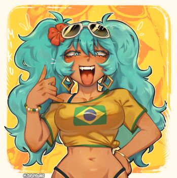 1girl absurdres aqua_eyes aqua_hair border brazilian_flag brazilian_flag_print brazilian_miku breasts commentary crop_top earrings english_commentary eyewear_on_head flag_print hand_on_own_hip hatsune_miku highres jewelry large_breasts looking_at_viewer navel open_mouth outside_border print_shirt rectangular_earrings shaka_sign shirt solo sunglasses tan tongue tongue_out twintails upper_body vocaloid white-framed_eyewear white_border zoruyoung