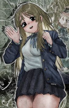 Rule 34 | 1girl, :d, abstract background, absurdres, black eyes, blazer, blonde hair, blue jacket, blue ribbon, breasts, collared shirt, cowboy shot, from below, gradient outline, hashtag-only commentary, hedprotag, highres, jacket, k-on!, kotobuki tsumugi, long hair, long sleeves, looking at viewer, medium breasts, neck ribbon, open clothes, open jacket, open mouth, outline, pleated skirt, ribbon, school uniform, shirt, skirt, smile, solo, stitches, teeth, thick eyebrows, upper teeth only, waving, white outline, white shirt, zoom layer