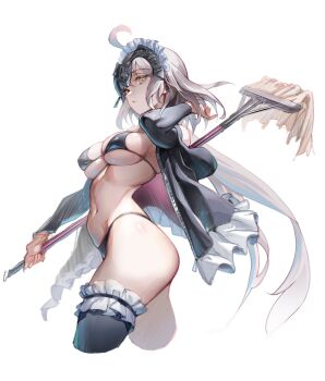 1girl absurdres adapted_costume ahoge artoria_pendragon_(fate) ass bikini breasts cosplay fate/grand_order fate_(series) headpiece highres jacket jeanne_d&#039;arc_alter_(fate) large_breasts looking_at_viewer mop open_clothes open_jacket saber_alter saber_alter_(swimsuit_rider)_(second_ascension) saber_alter_(swimsuit_rider)_(second_ascension)_(cosplay) short_hair sketch solo suishougensou swimsuit thighhighs