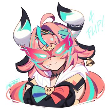 ahoge bandaid bell blue_eyes blue_hair breasts commission cow_horns genshin_impact highres horns large_breasts long_hair memeh pink_hair signature upper_body varesa_(genshin_impact)