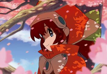 1girl blue_eyes bow brown_hair cape cherry_blossoms closed_mouth flower hat highres long_hair looking_at_viewer marguerite_fatima orange_hat piko_han smile solo tree xenogears