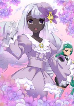 Rule 34 | 2girls, apron, ascot, black romper, blunt bangs, bow, bowtie, braid, braided ponytail, brown eyes, closed mouth, commentary request, dark-skinned female, dark skin, dress, fascinator, flower, frilled ascot, frills, gloves, green hair, hair ornament, jacinthe (pokemon), juliet sleeves, kakiko210, lebanne (pokemon), long braid, long hair, long sleeves, looking at viewer, low drills, maid, maid apron, maid headdress, mega stone, multiple girls, nintendo, open mouth, pokemon, pokemon legends: z-a, puffy sleeves, purple dress, purple eyes, purple hair, romper, smile, thighhighs, tsurime, very dark skin, white bow, white bowtie, white gloves, white thighhighs