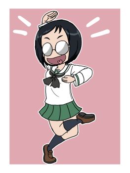 Rule 34 | 1girl, black hair, black neckerchief, black socks, brown shoes, dancing, girls und panzer, glasses, green skirt, katsuya megu, miniskirt, neckerchief, ooarai school uniform, open mouth, pink background, pleated skirt, round eyewear, school uniform, serafuku, shoes, short hair, simple background, skirt, smile, socks, standing, standing on one leg, takahashi kurage, tongue, white serafuku