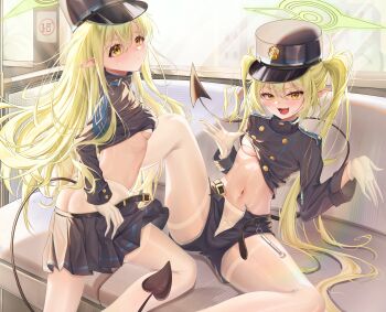 2girls armband ass belt black_belt blue_archive blue_armband blue_jacket blue_shorts blue_skirt blue_trim blush bra bra_peek breasts buttons chinese_commentary closed_mouth clothes_pull commentary_request cropped_jacket day demon_girl demon_tail double-breasted earrings fang from_side gloves green_hair green_halo hair_between_eyes halo hand_on_own_chest hand_up hat highres hikari_(blue_archive) jacket jewelry kordilia lifting_own_clothes long_hair long_sleeves looking_at_viewer miniskirt multiple_girls navel nozomi_(blue_archive) open_belt open_clothes open_fly open_mouth open_shorts panties panties_under_pantyhose pantyhose peaked_cap pleated_skirt pointy_ears short_shorts shorts sitting skin_fang skirt skirt_pull small_breasts spread_legs tail thighband_pantyhose train_conductor train_interior twintails underboob underwear undressing very_long_hair white_bra white_gloves white_pantyhose window yellow_eyes