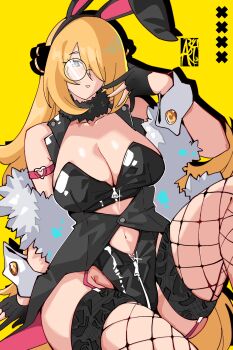 1girl absurdres alternate_costume animal_ear_hairband animal_ears aryi077 bespectacled black_gloves black_leotard blonde_hair breasts cleavage clothing_cutout collarbone cynthia_(pokemon) fake_animal_ears feather_boa fishnet_thighhighs fishnets fur_collar glasses gloves grey_eyes hair_ornament hair_over_one_eye hairband hand_up highres large_breasts leotard long_hair looking_at_viewer navel navel_cutout nintendo parted_lips partially_fingerless_gloves pokemon pokemon_dppt rabbit_ear_hairband rabbit_ears simple_background sitting solo thighhighs thighs very_long_hair wrist_cuffs yellow_background