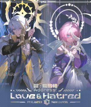 1boy 1girl antenna_hair armor bare_shoulders black_choker blue_eyes ceremonial_blade_(honkai:_star_rail) character_name choker closed_mouth coat comiket_107 commentary_request cowboy_shot cyrene_(honkai:_star_rail) cyrene_(philia093)_(honkai:_star_rail) dawnmaker_(honkai:_star_rail) dress expressionless hair_between_eyes halo highres holding holding_sword holding_weapon honkai:_star_rail honkai_(series) jewelry light_smile long_sleeves looking_at_viewer medium_hair necklace pauldrons phainon_(honkai:_star_rail) pink_hair purple_coat reverse_grip short_hair shoulder_armor side-by-side single_pauldron sword synapse weapon white_dress white_hair white_halo wide_sleeves yellow_halo