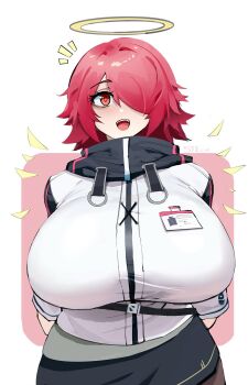 1girl :d absurdres alternate_breast_size_(larger) arknights arms_behind_back breasts chinese_commentary commentary_request detached_wings exusiai_(arknights) hair_over_one_eye halo highres huge_breasts ikamochi_kalong jacket mixed-language_commentary notice_lines one_eye_covered open_mouth partial_commentary penguin_logistics_logo red_eyes red_hair short_hair smile solo teeth traditional_halo upper_teeth_only white_background white_jacket wings yellow_halo