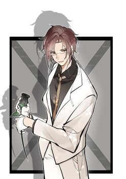 1boy absurdres alternate_costume alternate_hair_length alternate_hairstyle black_flower black_rose black_shirt border brown_hair brown_necktie chinese_commentary collared_shirt commentary_request contemporary cowboy_shot curtained_hair dress_pants earclip eyewear_strap flower formal_clothes glasses gloves grey_border grey_eyes half_gloves highres holding holding_flower hua_yi_shanxin_zhiyue jacket long_sleeves looking_to_the_side male_focus necktie outside_border pants parted_bangs parted_lips pinky_ring rectangular_eyewear rose shadow shirt short_hair simple_background smile solo standing suit suit_jacket wallet_chain wangulongdong wen_siyu white_border white_gloves white_jacket white_pants white_suit