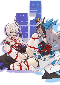 2girls anal anal_beads anal_object_insertion arms_behind_back ball_gag bdsm black_panties blue_eyes bondage bound bound_arms bound_legs bound_together bound_torso bronya_zaychik clothed_sex dildo dress female_focus frogtie gag gagged grey_eyes grey_hair hair_ornament hair_ribbon highres honkai_(series) honkai_impact_3rd multicolored_dress multiple_girls no_shoes object_insertion panties ribbon sex_toy shared_object_insertion shibari shibari_over_clothes simple_background spread_legs theresa_apocalypse thighhighs underwear vaginal vaginal_object_insertion white_hair white_legwear white_panties wiffle_gag yiduan_zhu yuri