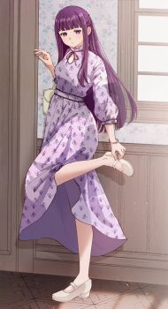 Rule 34 | 1girl, adjusting footwear, alternate costume, bag, blunt bangs, blush, bracelet, breasts, closed mouth, collar, commentary request, dress, expressionless, fern, fern (sousou no frieren), floral print, frilled collar, frills, full body, handbag, highres, indoors, jewelry, long dress, long hair, long sleeves, medium breasts, official alternate costume, omichi 1219, print dress, purple dress, purple eyes, purple hair, shadow, shoes, sidelocks, solo, sousou no frieren, standing, standing on one leg, very long hair, white shoes, window