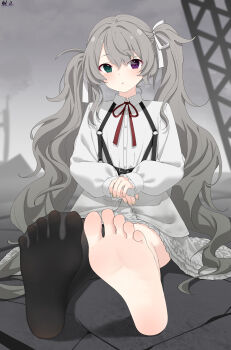 1girl 25-ji_miku 25-ji_nightcord_de._(project_sekai) absurdres barefoot black_thighhighs feet green_eyes grey_hair hatsune_miku heterochromia highres light_blush long_hair looking_at_viewer mo_moon parted_lips purple_eyes see-through_clothes see-through_legwear soles thighhighs toes twintails