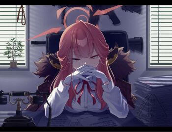 1girl antique_phone aru_(blue_archive) assault_rifle blind blue_archive brown_coat brown_horns chair chieru_(pixiv_124058144) coat coat_on_shoulders collared_shirt commentary_request covered_mouth covering_own_mouth demon_horns desk fur-trimmed_coat fur_trim gendou_pose gloves gun halo hands_clasped highres horns indoors interlocked_fingers letterboxed long_hair looking_at_viewer low_horns m4_carbine neck_ribbon orange_eyes orange_halo own_hands_clasped own_hands_together paper paper_stack plant potted_plant red_hair red_ribbon ribbon rifle shirt solo watermark weapon weapon_on_wall white_gloves white_shirt window