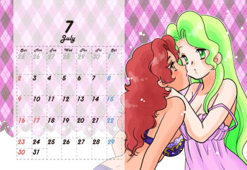 2girls april_enus babydoll bra breasts brown_eyes calendar_(medium) cleavage closed_mouth commentary_request dark-skinned_female dark_skin eye_contact green_eyes green_hair hand_on_another's_neck interracial july kisaragi_miyuki leaning_forward long_hair looking_at_another maria_anakiss medium_breasts multiple_girls panties pink_babydoll purple_bra purple_panties red_hair takemoto_izumi_(style) transistor_ni_venus underwear underwear_only upper_body yuri