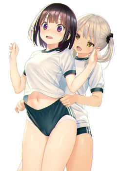 2girls adjusting_buruma adjusting_clothes blonde_hair blush breasts brown_eyes brown_hair buruma cameltoe cowboy_shot green_buruma gym_shirt gym_uniform koutaro long_hair multiple_girls navel open_mouth original panties panties_under_buruma pink_panties purple_eyes shirt short_sleeves simple_background small_breasts t-shirt underwear white_background white_shirt