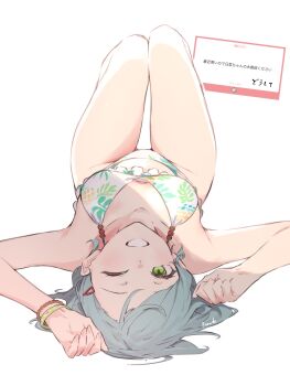 1girl aqua_hair bang_dream! bang_dream!_girls_band_party! bikini blush bracelet breasts commentary green_eyes hair_ornament hairclip highres hikawa_hina jewelry kanade_(kanade_3344) looking_at_viewer medium_breasts one_eye_closed request_inset short_hair simple_background solo swimsuit symbol-only_commentary thigh_gap translation_request white_background white_bikini