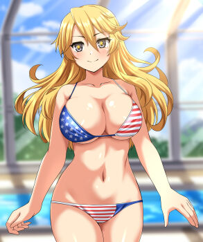 1girl absurdres american_flag american_flag_bikini american_flag_print bikini blonde_hair blue_sky blush breasts cleavage cloud commentary_request commission cowboy_shot flag_print flag_print_bikini highres iowa_(kancolle) kantai_collection large_breasts long_hair looking_at_viewer navel pixiv_commission poolside print_bikini sky smile solo star-shaped_pupils star_(symbol) swimsuit symbol-shaped_pupils variant_set zanntetu