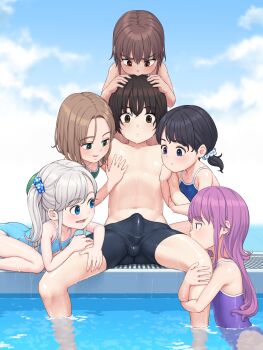 1boy 5girls bare_shoulders black_hair blue_eyes blue_one-piece_swimsuit blush brown_eyes brown_hair bulge closed_mouth cloud erection erection_under_clothes green_eyes grey_hair harem highres kodomo_doushi loli male_swimwear multiple_girls navel no_nipples one-piece_swimsuit open_mouth original outdoors pink_pet_bottle poolside purple_hair purple_one-piece_swimsuit shota spread_legs swimsuit topless_male water wet