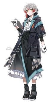 Rule 34 | 1girl, absurdres, arknights, black coat, black hair, black shoes, black skirt, black socks, borrowed character, clipboard, coat, commentary, commission, doctor (arknights), english commentary, female doctor (arknights), frilled skirt, frills, full body, green eyes, grey hair, highres, holding, holding clipboard, multicolored hair, red hair, red pupils, red streaks, shoes, simple background, skirt, socks, solo, standing, streaked hair, svet yomi, white background