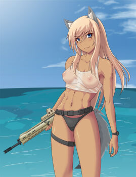 Rule 34 | 1girl, abs, adaptive combat rifle, animal ears, assault rifle, bare shoulders, belt, black panties, blonde hair, blue eyes, breasts, covered erect nipples, dark-skinned female, dark skin, day, eotech, female focus, foxhound220, gun, long hair, medium breasts, midriff, muscular, navel, nipples, original, outdoors, panties, rifle, see-through clothes, sky, solo, tail, tank top, thigh strap, toned, toned female, underwear, watch, water, weapon, wolf, wolf ears, wolf tail, wristwatch