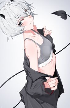 absurdres black_horns black_shirt black_tail blue_archive blue_eyes breasts collarbone commentary_request demon_horns demon_tail erika_(blue_archive) gradient_background grey_background grey_sports_bra highres horns isocha long_sleeves looking_at_viewer midriff open_clothes open_shirt shirt short_hair small_breasts smile sports_bra tail undressing upper_body white_hair
