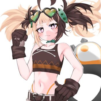 1girl ahoge bare_shoulders belt black_belt blonde_hair blush bright_pupils brown_gloves brown_hair brown_tank_top buckle chemauhh clenched_hand closed_mouth collar commentary crop_top english_commentary eyewear_on_head gigi_murin gigi_murin_(chatacabra) gloves goggles goggles_on_head hand_on_own_hip hand_up heart heart-shaped_buckle heart-shaped_eyewear highleg highleg_panties highres hololive hololive_english looking_at_viewer midriff multicolored_hair navel official_alternate_costume orange_panties panties panty_straps pink_eyes sidelocks simple_background solo spiked_collar spikes string_panties tail tank_top twintails two-tone_hair underwear upper_body v-shaped_eyebrows virtual_youtuber white_background white_pupils