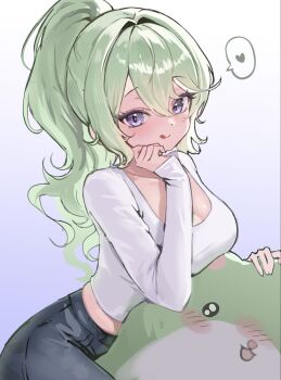 1girl blush breasts chico_(yuzuha_riko) cleavage closed_mouth collarbone commentary cowboy_shot denim double-parted_bangs gradient_background green_hair hair_intakes hand_on_own_chin hand_up heart highres jeans large_breasts licking_lips long_hair long_sleeves looking_at_viewer multicolored_hair pants ponytail purple_eyes romom scoop_neck sitting smile solo speech_bubble spoken_heart stellive streaked_hair sweater tongue tongue_out virtual_youtuber wavy_hair white_sweater yuzuha_riko