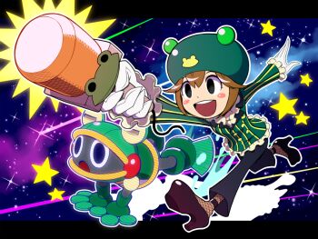 Rule 34 | 1boy, 1girl, :d, black eyes, blazer, blush stickers, brown hair, commentary request, frilled sleeves, frills, full body, gloves, green hat, hat, high heels, holding, holding microphone, jacket, long sleeves, mega man (series), mega man battle network (series), mega man battle network 5, microphone, napo, netnavi, open mouth, outstretched arms, ribitta (mega man), running, short hair, smile, star (sky), star (symbol), toadman.exe