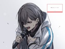 Rule 34 | 1girl, bang dream!, bang dream! it&#039;s mygo!!!!!, black shirt, clutching chest, commentary request, crying, crying with eyes open, grey background, grey hair, hair behind ear, hair between eyes, highres, holding, holding microphone, hood, hooded jacket, jacket, long sleeves, marshmallow (site), microphone, music, open clothes, open jacket, open mouth, purple eyes, request inset, shirt, short hair, singing, solo, sou (kanade 3344), takamatsu tomori, tears, teeth, translation request, upper body, white jacket
