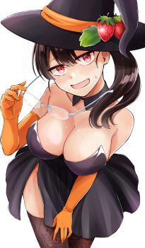 1girl absurdres bare_shoulders black_dress blush breasts brown_hair brown_pantyhose cleavage commentary_request cowboy_shot detached_collar dress elbow_gloves food fruit glasses gloves hat highres holding holding_removed_eyewear large_breasts long_hair open_mouth orange_gloves orange_lili original pantyhose red_eyes side_slit simple_background solo strapless strapless_dress strawberry sweat unworn_eyewear white_background witch witch_hat