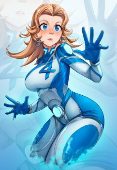 1girl absurdres blonde_hair blue_background blue_bodysuit blue_eyes bodysuit breasts commentary cropped_legs dilan_griz earrings english_commentary fantastic_four hand_up highres jewelry large_breasts long_hair looking_ahead marvel marvel_rivals multicolored_bodysuit nose open_hand parted_hair parted_lips partially_invisible solo_focus sue_storm superhero_costume two-tone_bodysuit zoom_layer