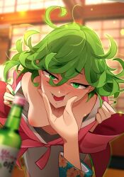 1girl breasts curly_hair floating green_eyes grey_hair hair_between_eyes japanese_clothes khyle. kimono nipples one-punch_man small_breasts smile tatsumaki