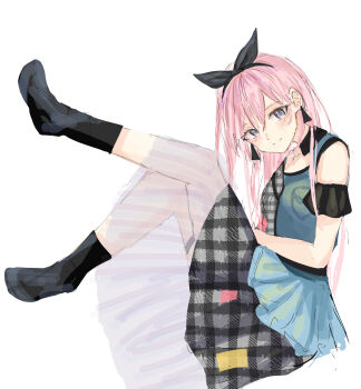 1girl bang_dream! bang_dream!_it&#039;s_mygo!!!!! black_boots black_ribbon blush boots chihaya_anon closed_mouth commentary detached_sleeves grey_skirt hair_between_eyes hair_ribbon highres latte_bf layered_skirt long_hair looking_at_viewer pink_hair plaid_clothes plaid_skirt ribbon see-through_clothes see-through_skirt simple_background skirt solo white_background