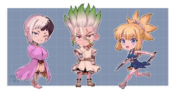 1girl 2boys asagiri_gen black_hair blonde_hair blue_eyes chibi dagger dr._stone dress full_body green_hair hands_in_opposite_sleeves holding ishigami_senkuu knife kohaku_(dr._stone) looking_at_viewer multicolored_hair multiple_boys ninomae_gin one_eye_closed open_mouth ponytail red_eyes robe rope_belt sandals smile spiked_hair split-color_hair tunic two-tone_hair weapon white_hair