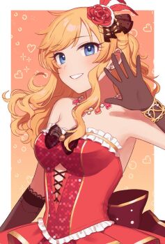 1girl bare_shoulders blonde_hair blue_eyes breasts chiyoko_(tykchiyo) cross-laced_clothes cross-laced_dress dress elbow_gloves frilled_dress frills gloves highres idolmaster idolmaster_cinderella_girls jewelry long_hair looking_at_viewer medium_breasts ohtsuki_yui red_dress smile solo wavy_hair
