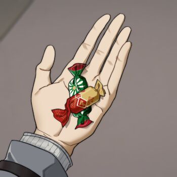 Rule 34 | 1other, absurdres, arknights, arknights: endfield, blurry, blurry background, candy, endministrator (arknights), food, hand focus, highres, holding, holding candy, holding food, long sleeves, lyonya musor, solo, wrapped candy