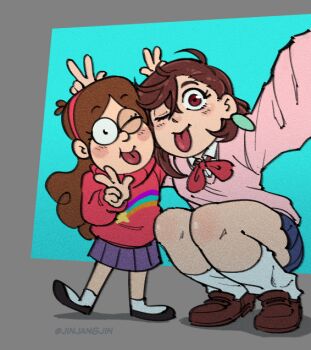 2girls ayase_momo brown_hair bunny_ears_prank commentary crossover dandadan earrings english_commentary gravity_falls jewelry jinjango long_hair loose_socks mabel_pines miniskirt multiple_girls one_eye_closed pink_sweater pleated_skirt red_eyes selfie skirt socks squatting sweater tongue tongue_out twitter_username w white_socks