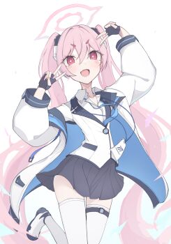 1girl black_skirt blue_archive blush commentary_request double_v fang foot_out_of_frame hair_between_eyes halo highres jacket koyuki_(blue_archive) long_hair matchadzuke open_clothes open_jacket partial_commentary pink_eyes pink_hair pink_halo pleated_skirt shirt skirt solo thighhighs tongue twintails v v-shaped_eyebrows very_long_hair white_jacket white_shirt white_thighhighs