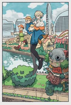 1girl 2boys black_pants blonde_hair blue_dress border bow bowtie braid braided_ponytail carrying carrying_person child commentary_request dress earrings flying full_body hat heen highres howl_no_ugoku_shiro howl_pendragon jewelry markl multiple_boys orange_hair outdoors pants shirt short_hair smile sophie_hatter_(howl_no_ugoku_shiro) straw_hat takeuchi_ryousuke white_border white_shirt