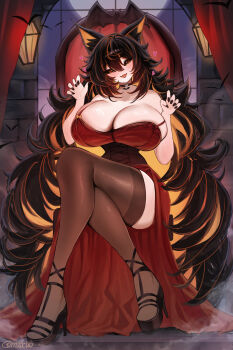 Rule 34 | 1girl, absurdres, animal ear fluff, animal ears, bat (animal), black hair, black nails, black sclera, breasts, castle, cat ears, cleavage, clio (mssclio), colored inner animal ears, colored inner hair, colored sclera, dress, glowing, glowing hair, heart, high heels, highres, huge breasts, indie virtual youtuber, long hair, looking at viewer, millanoire, moon, multicolored hair, nail polish, narrow waist, open mouth, orange eyes, orange hair, red dress, sitting, sitting on throne, solo, thighhighs, throne, very long hair, virtual youtuber, window