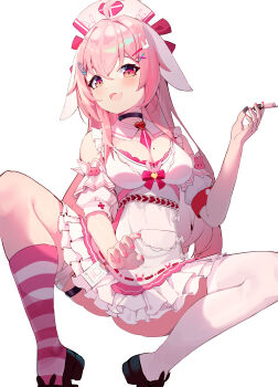 1girl :d absurdres ahoge animal_ear_footwear animal_ears armband asymmetrical_legwear bandaged_leg bandages black_choker black_shoes blush bow bowtie bra breasts brooch chemise choker cleavage collar cross cross_print detached_collar detached_sleeves dress fang frilled_chemise frilled_dress frilled_straps frills from_below hair_between_eyes hair_bow hair_ornament hairclip hat heart heart_brooch highres holding holding_syringe holster id_card jewelry kneehighs layered_dress long_hair looking_at_viewer lop_rabbit_ears medium_breasts mismatched_legwear mole mole_on_breast multicolored_eyes nail_polish nurse nurse_cap official_alternate_costume open_mouth orange_eyes pink_bow pink_bowtie pink_bra pink_chemise pink_dress pink_eyes pink_hair pink_nails pink_socks pink_theme pocket providence_project puffy_short_sleeves puffy_sleeves qiuyueruona rabbit_ear_footwear rabbit_ears rabbit_girl rabbit_hair_ornament red_armband red_bow ribbon-trimmed_dress ribbon_trim safety_pin shirako_(vtuber) shoes short_sleeves sidelocks simple_background single_kneehigh single_sock smile socks solo spread_legs squatting striped_clothes striped_socks syringe thigh_holster thigh_strap thighhighs underwear uneven_legwear virtual_youtuber white_background white_collar white_dress white_sleeves white_thighhighs x_hair_ornament yellow_eyes