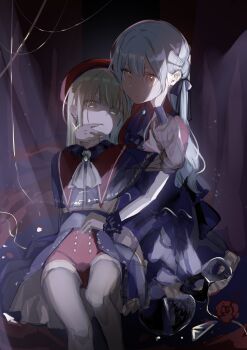 Rule 34 | 2girls, absurdres, ascot, bang dream!, bang dream! it's mygo!!!!!, beret, black capelet, black pantyhose, blue hair, capelet, commentary, gloves, grey gloves, hand on another's cheek, hand on another's face, hashtag-only commentary, hat, highres, long hair, looking at viewer, mortis (bang dream!), mortis (costume) (bang dream!), multiple girls, oblivionis (bang dream!), pantyhose, pantyhose under shorts, red hat, red shorts, satupi sb, short sleeves, shorts, togawa sakiko, untranslatable commentary, wakaba mutsumi, white ascot, yellow eyes, yuri